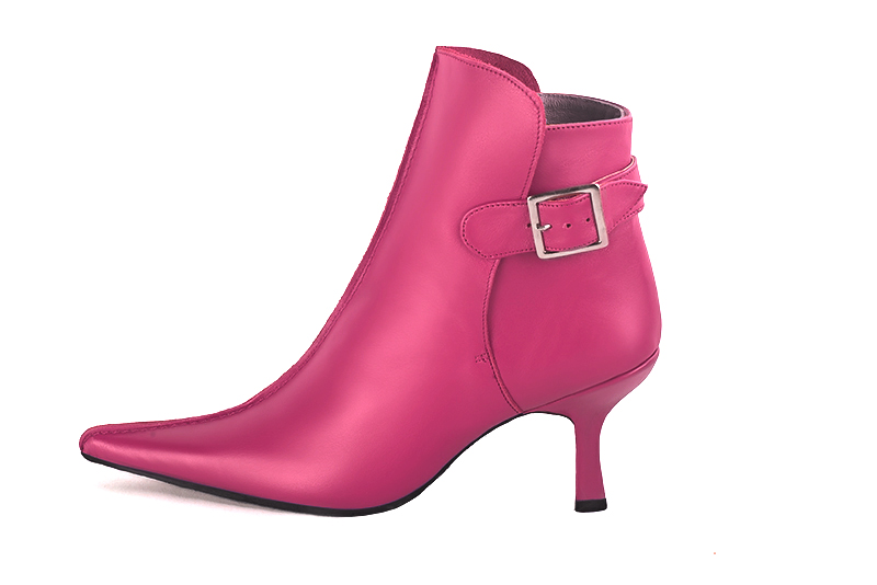 Fuschia pink women's ankle boots with buckles at the back. Pointed toe. High spool heels. Profile view - Florence KOOIJMAN